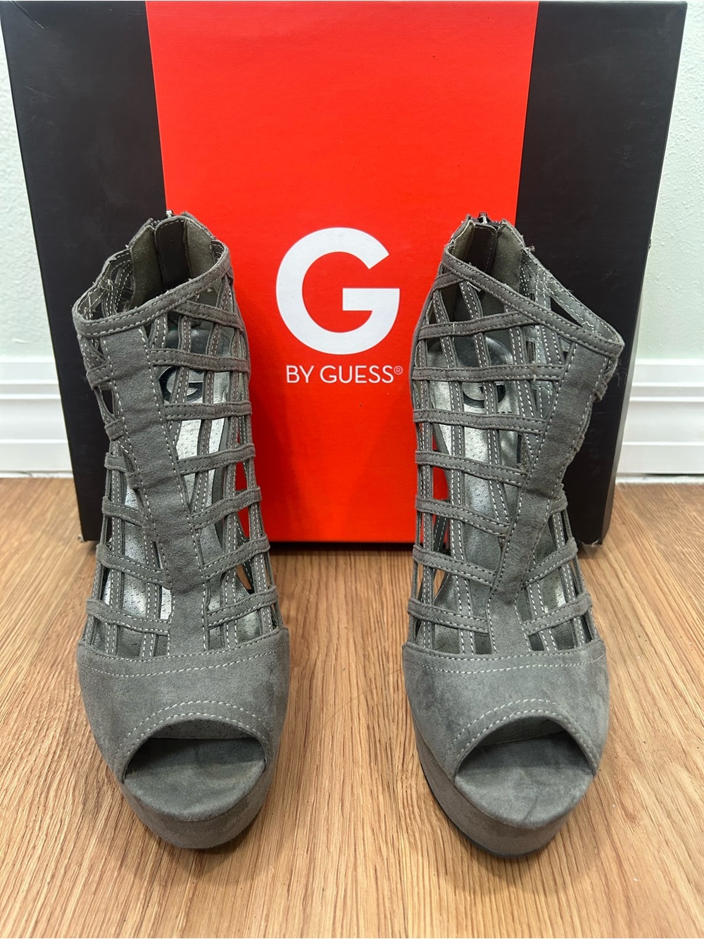 G by Guess Gray Suede Cage Peep-Toe Platform Heels
